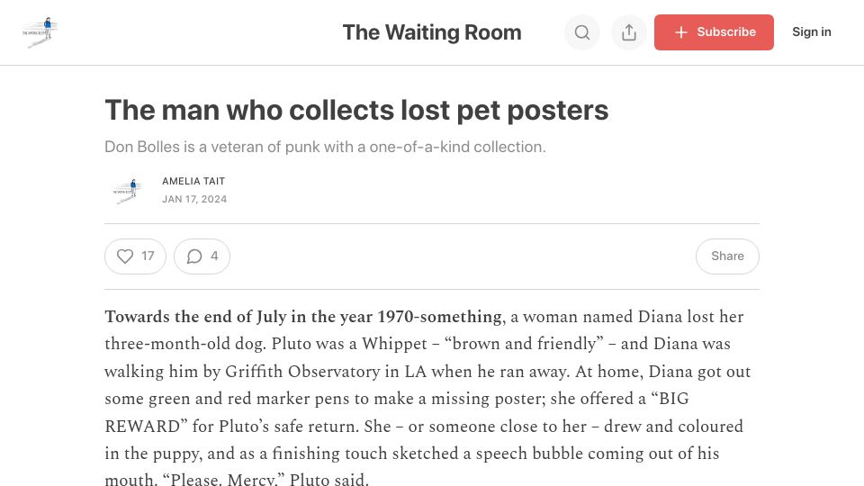 Screenshot of ameliatait.substack.com: A man who collects lost pet posters