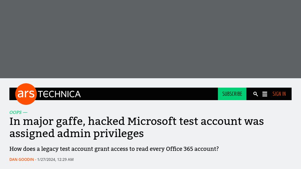 Screenshot of arstechnica.com: A hacked Microsoft test account was assigned admin privileges
