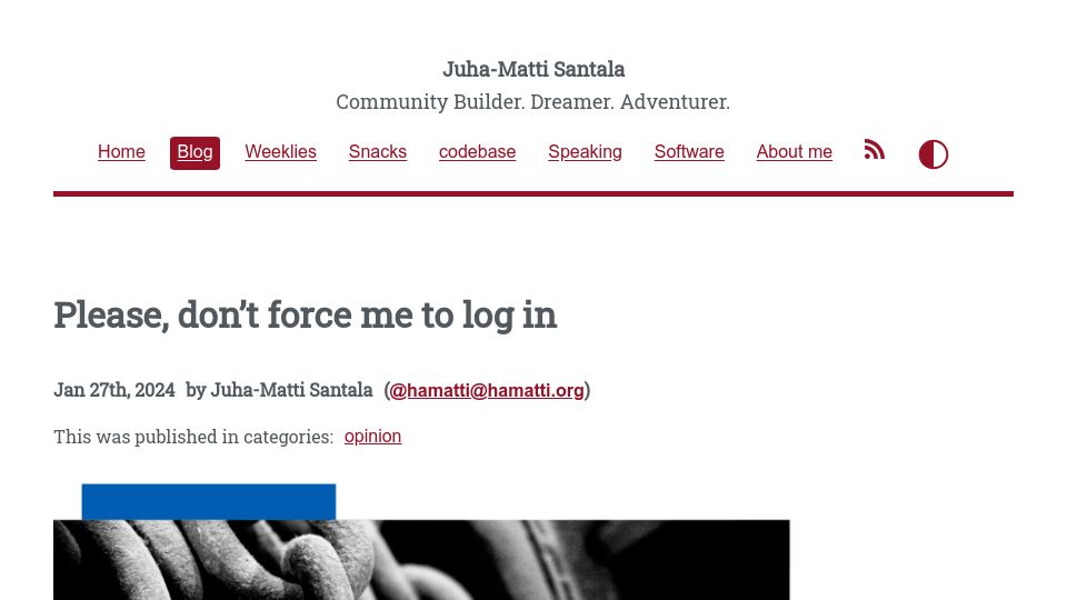 Screenshot of hamatti.org: Please, don't force me to log in