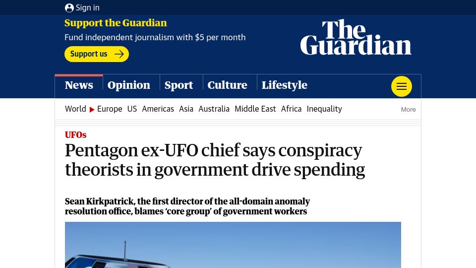 Screenshot of theguardian.com: Pentagon ex-UFO chief says conspiracy theorists in government drive spending