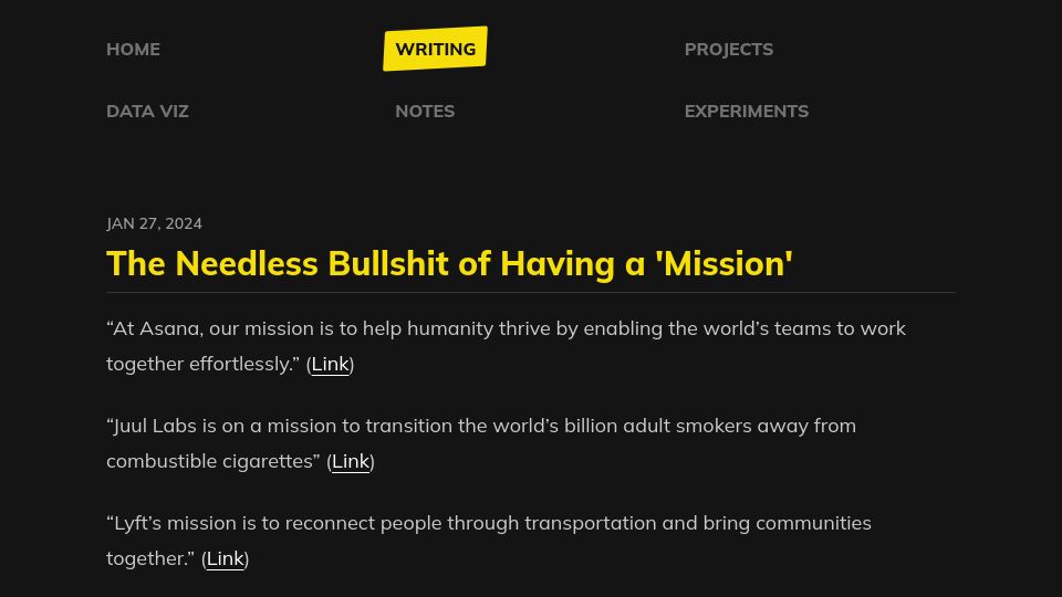 Screenshot of shubhamjain.co: The Needless Bullshit of Having a 'Mission'