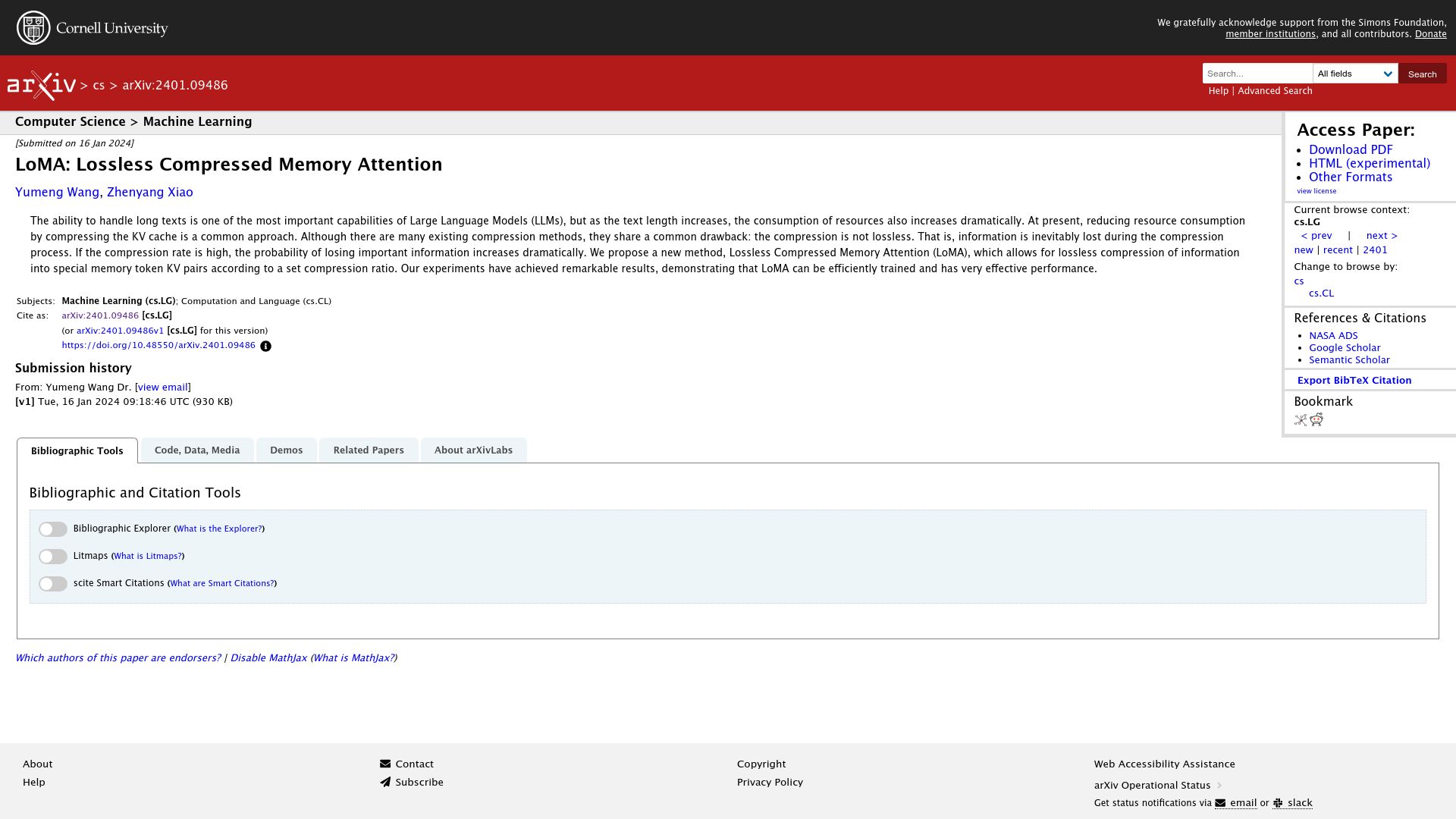 Screenshot of arxiv.org: LoMA: Lossless Compressed Memory Attention