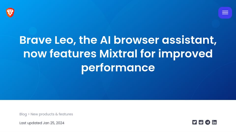 Screenshot of brave.com: Brave Leo now uses Mixtral 8x7B as default