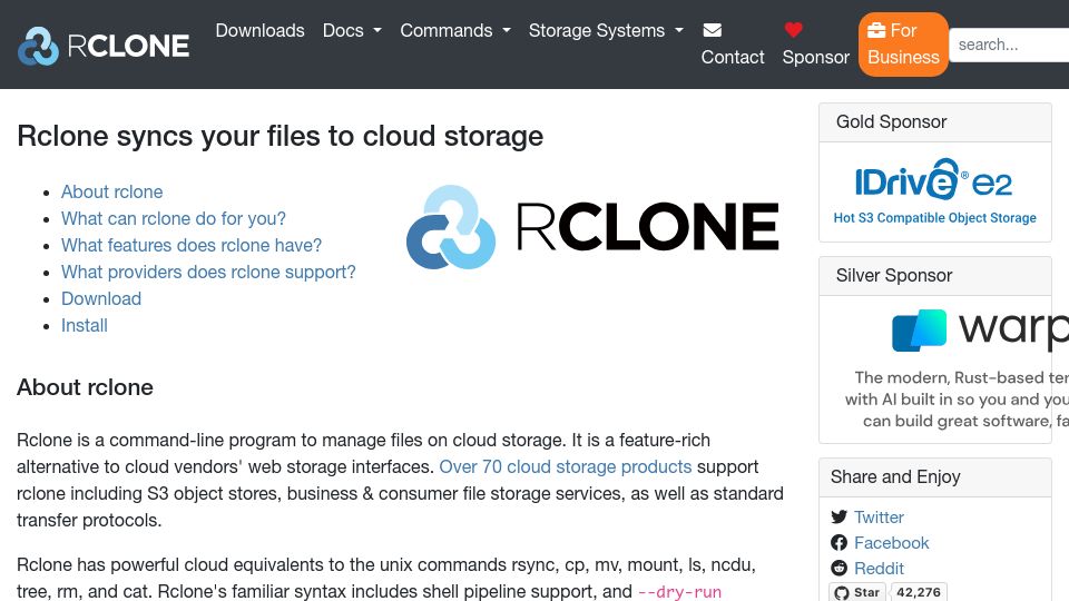 Screenshot of rclone.org: Rclone syncs your files to cloud storage