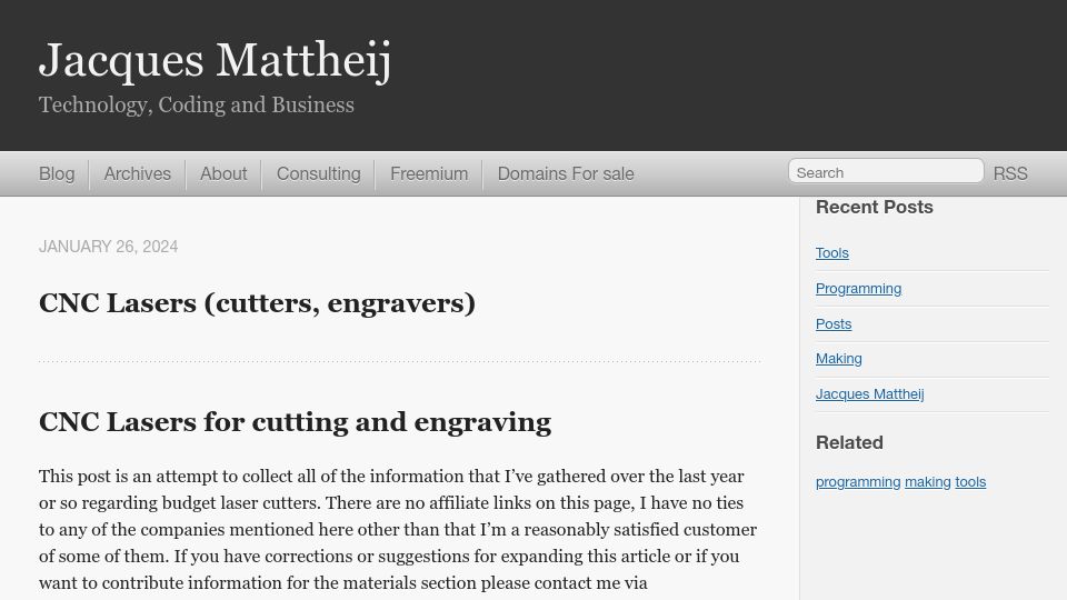 Screenshot of jacquesmattheij.com: CNC lasers for cutting and engraving