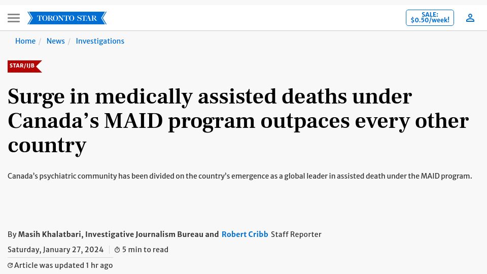 Screenshot of thestar.com: Canada's surge in deaths under MAID outpaces other countries