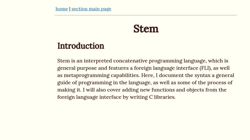 Screenshot of ret2pop.nullring.xyz: Stem, a stack-based language with metaprogramming and a C FLI