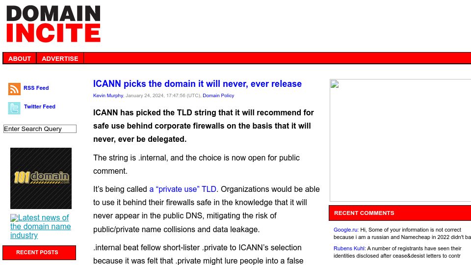 Screenshot of icann.org: Proposed top-level domain string for private use: ".internal"