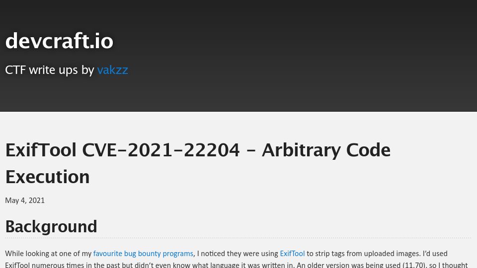 Screenshot of devcraft.io: ExifTool CVE-2021-22204 – Arbitrary Code Execution (2021)