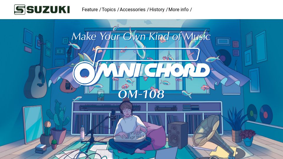 Screenshot of suzuki-music.co.jp: Details of the new Suzuki Omnichord OM-108
