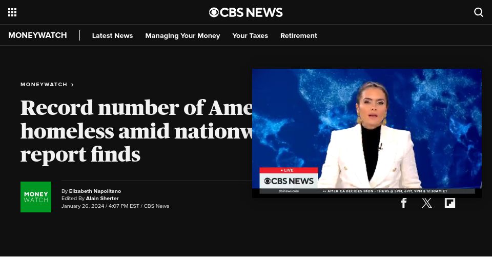 Screenshot of cbsnews.com: Record number of Americans are homeless amid nationwide surge in rent
