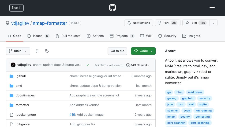 Screenshot of github.com: NMAP-formatter: convert NMAP results to HTML, CSV, JSON, graphviz (dot), SQLite
