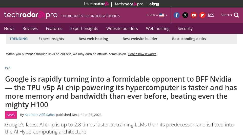 Screenshot of techradar.com: Google TPU v5p beats Nvidia H100