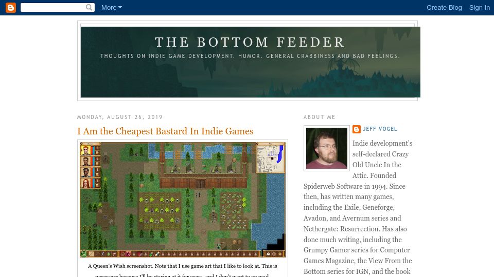 Screenshot of jeff-vogel.blogspot.com: I am the cheapest bastard in indie games (2019)