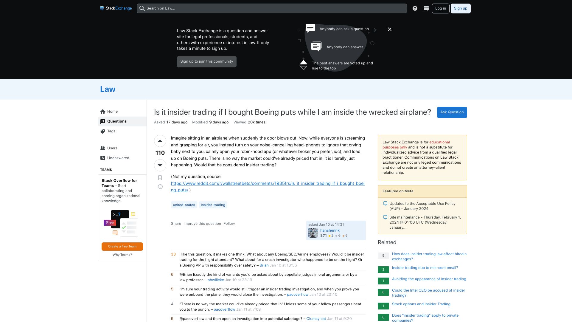 Screenshot of law.stackexchange.com: Is it insider trading if I bought Boeing puts while inside the wrecked airplane?