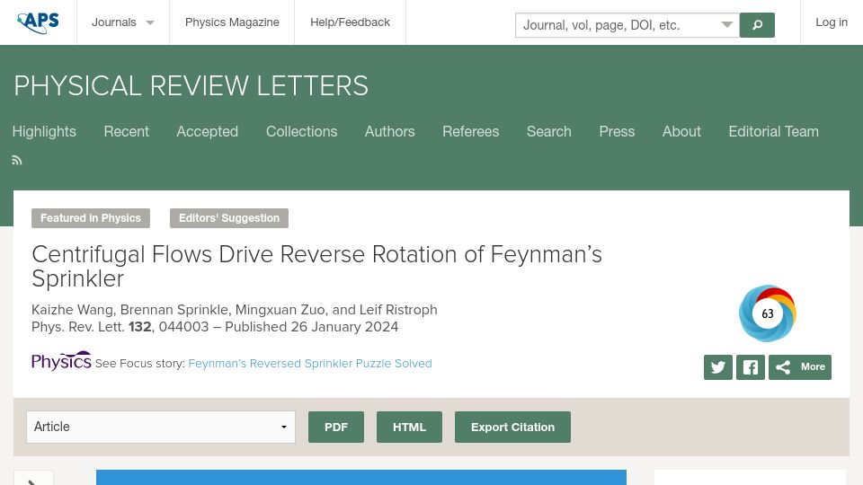Screenshot of journals.aps.org: Centrifugal flows drive reverse rotation of Feynman's sprinkler