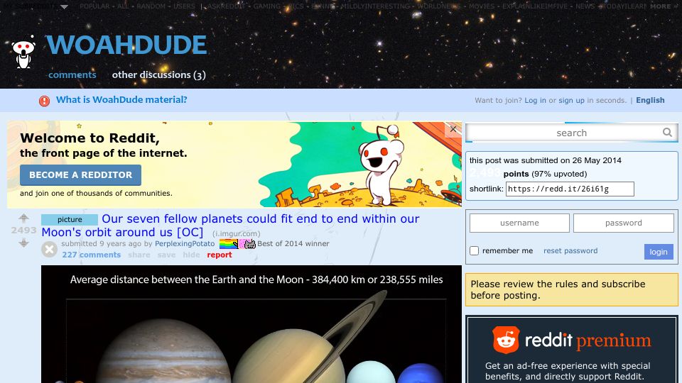 Screenshot of old.reddit.com: All 7 planets could fit between Earth and the Moon