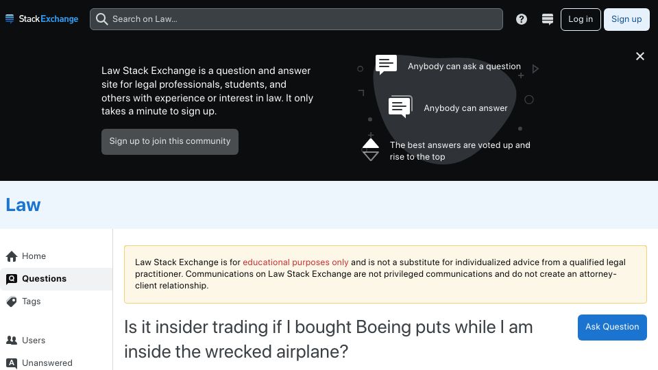 Screenshot of law.stackexchange.com: Is it insider trading if I bought Boeing puts while inside the wrecked airplane?