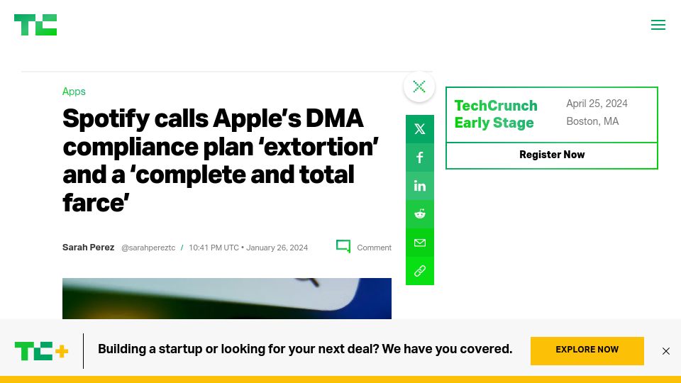 Screenshot of techcrunch.com: Spotify calls Apple's DMA compliance plan 'extortion''complete and total farce'
