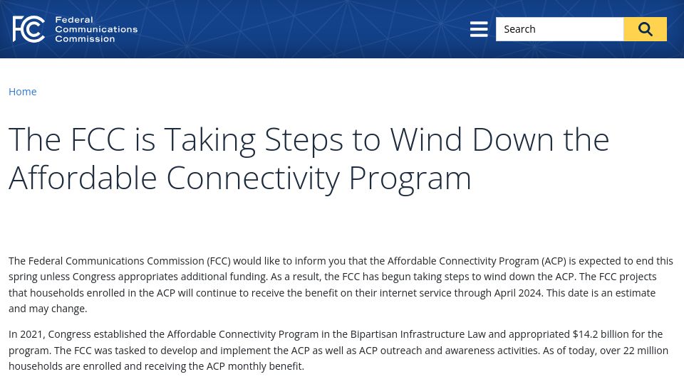 Screenshot of fcc.gov: The FCC Is Taking Steps to Wind Down the Affordable Connectivity Program