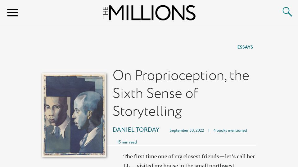 Screenshot of themillions.com: On Proprioception, the Sixth Sense of Storytelling (2022)