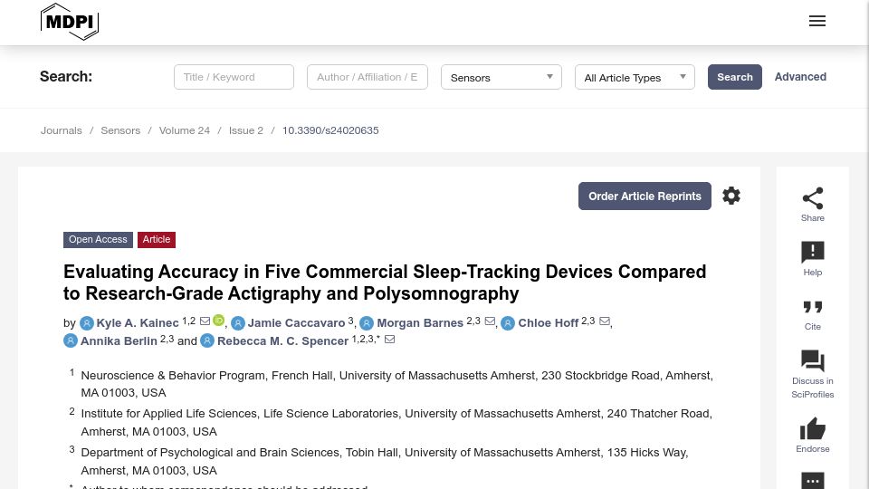 Screenshot of mdpi.com: Accuracy of Commercial Sleep-Trackers Compared to Research-Grade Tools