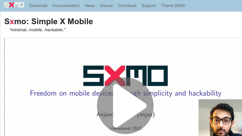 Screenshot of sxmo.org: Sxmo: Linux tiling window manager for phones