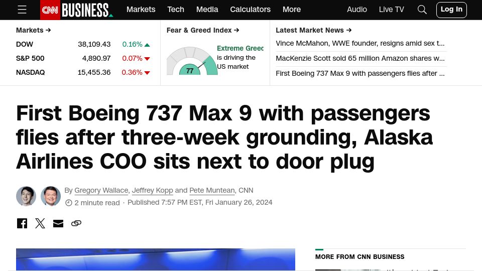Screenshot of edition.cnn.com: First Alaska Airlines Boeing 737 MAX 9 flies after three-week grounding