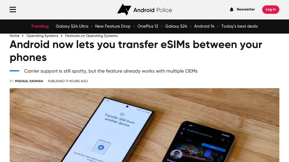 Screenshot of androidpolice.com: Android now lets you transfer eSIMs between your phones