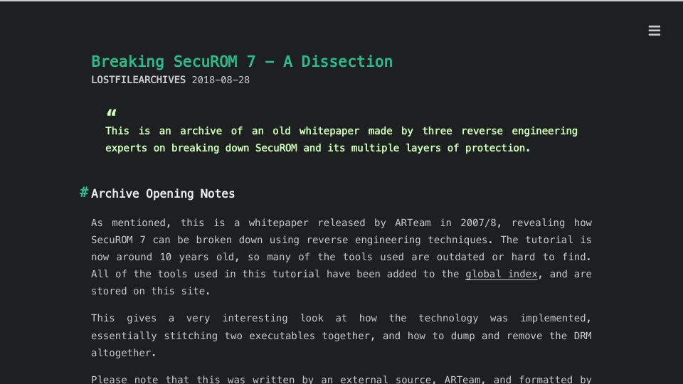Screenshot of lostfilearchives.github.io: Breaking SecuROM 7 – A Dissection