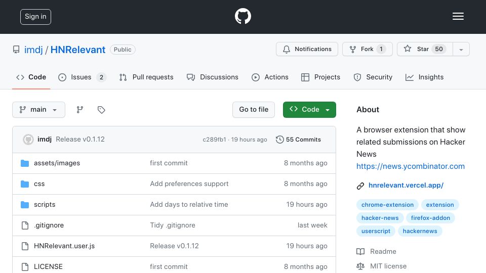 Screenshot of github.com: Show HN: HNRelevant – Explore Related Discussions on HN in an Integrated Sidebar