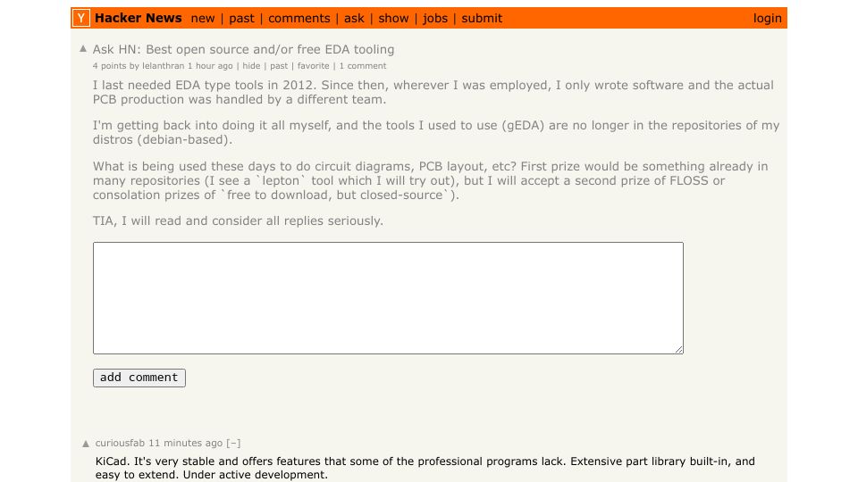 Screenshot of Hacker News post: Ask HN: Best open source and/or free EDA tooling