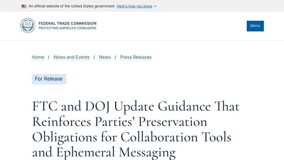 Screenshot of ftc.gov: Feds tell companies to preserve IM and other corporate chats