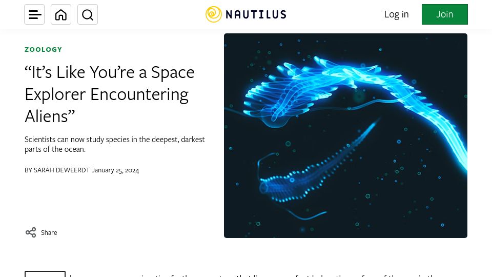 Screenshot of nautil.us: Studying species in the deepest parts of the ocean: A new method of analysis