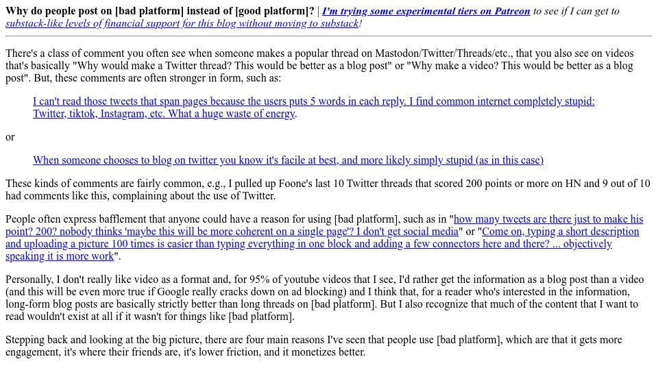 Screenshot of danluu.com: Why good content gets posted on the wrong platform?