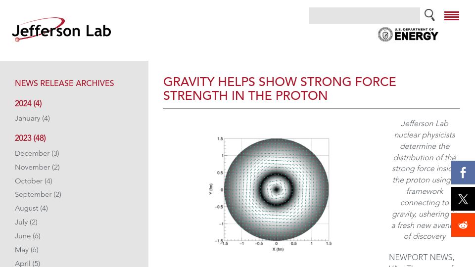 Screenshot of jlab.org: Gravity Helps Show Strong Force Strength in the Proton
