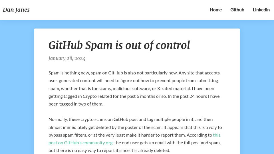 Screenshot of djanes.xyz: GitHub Spam