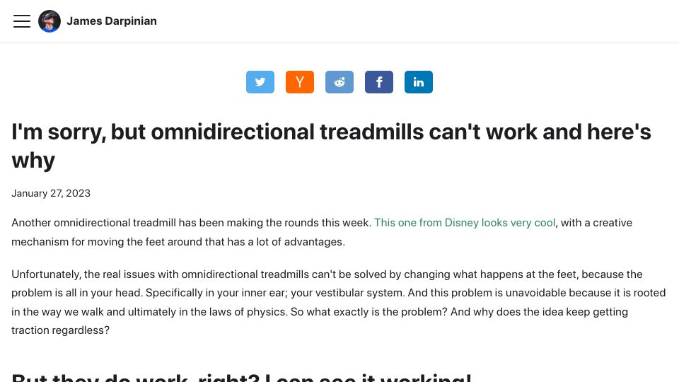 Screenshot of james.darpinian.com: I'm sorry, but omnidirectional treadmills can't work and here's why