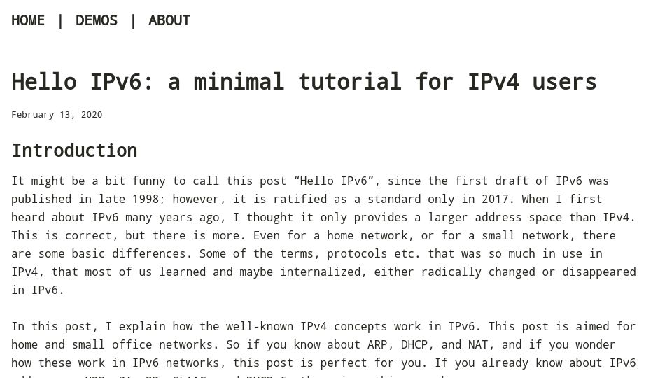 Screenshot of metebalci.com: Hello IPv6: a minimal tutorial for IPv4 users