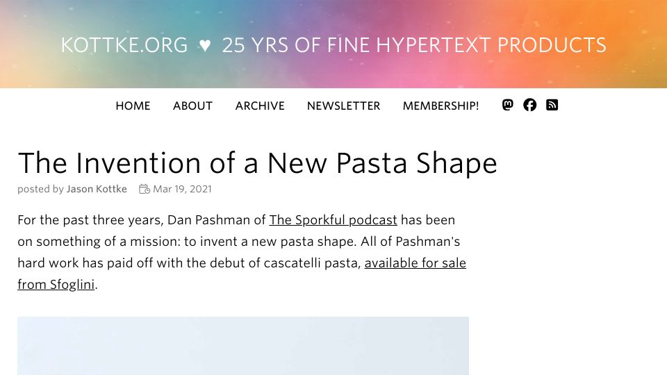 Screenshot of kottke.org: The invention of a new pasta shape (2021)