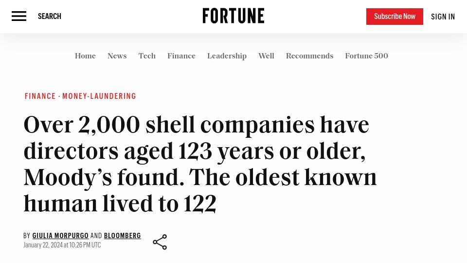 Screenshot of fortune.com: Over 2k shell companies have directors aged 123 years or older