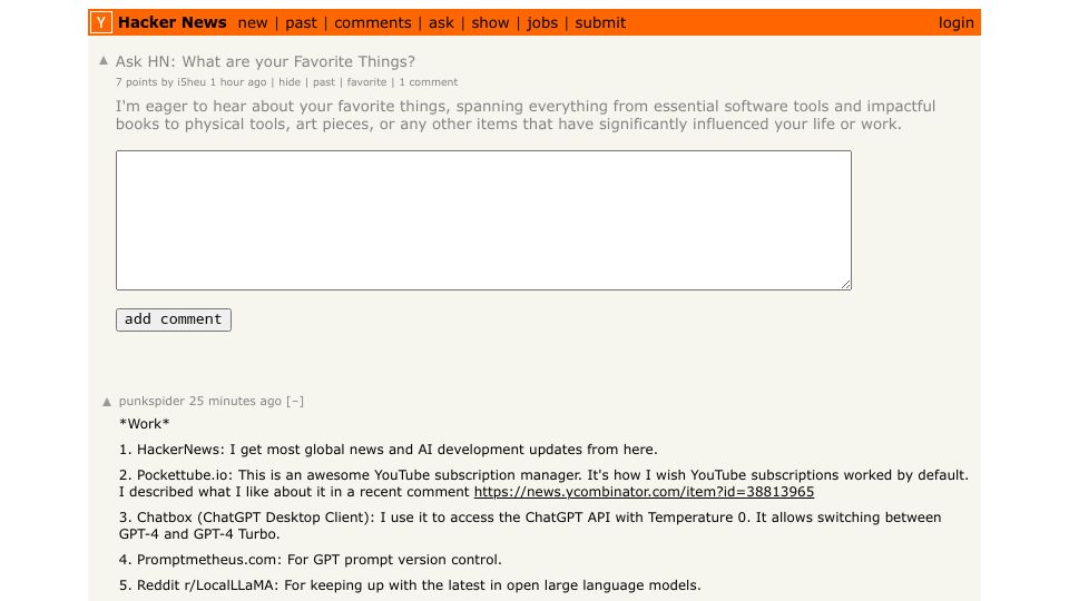 Screenshot of Hacker News post: Ask HN: What are your Favorite Things?