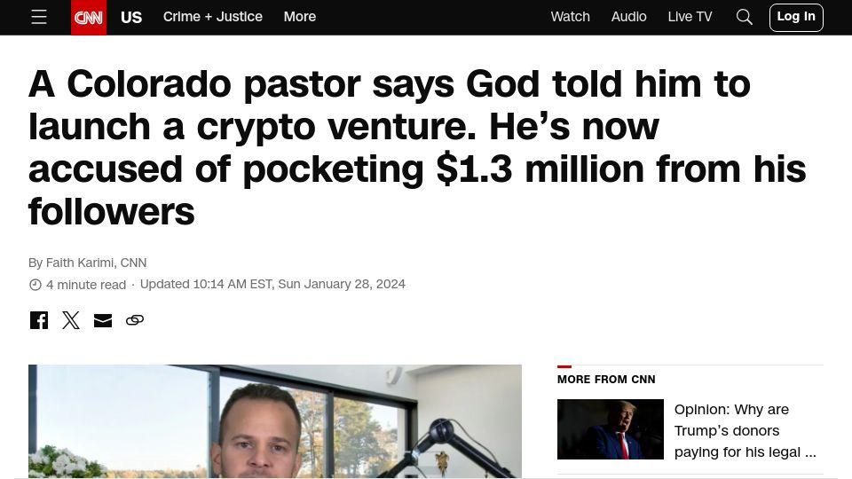 Screenshot of cnn.com: CO pastor: God told him to launch a crypto venture; took $1.3M from followers