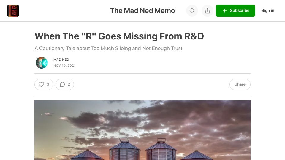 Screenshot of madned.substack.com: When the "R" goes missing from R&D (2021)