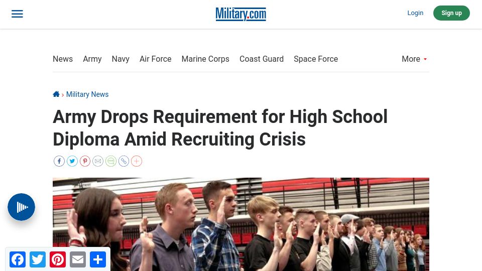 Screenshot of military.com: U.S. Army Drops Requirement for High School Diploma Amid Recruiting Crisis