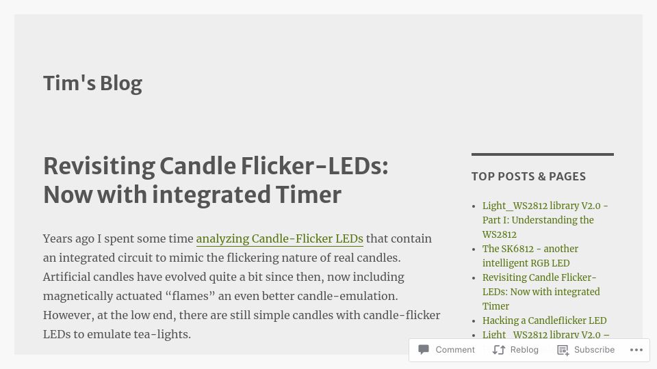 Screenshot of cpldcpu.wordpress.com: General purpose MCUs built in to LEDs emulate candle flicker