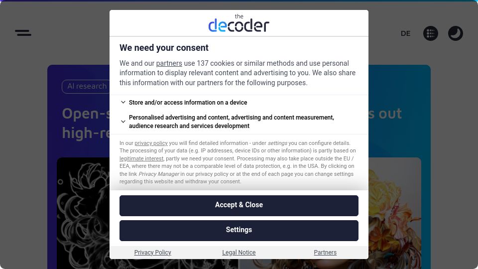 Screenshot of the-decoder.com: Open-source PixArt-δ image generator spits out high-res AI images in 0.5 seconds