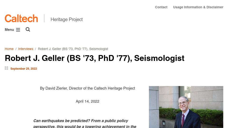 Screenshot of heritageproject.caltech.edu: Can Earthquakes Be Predicted? (2022)