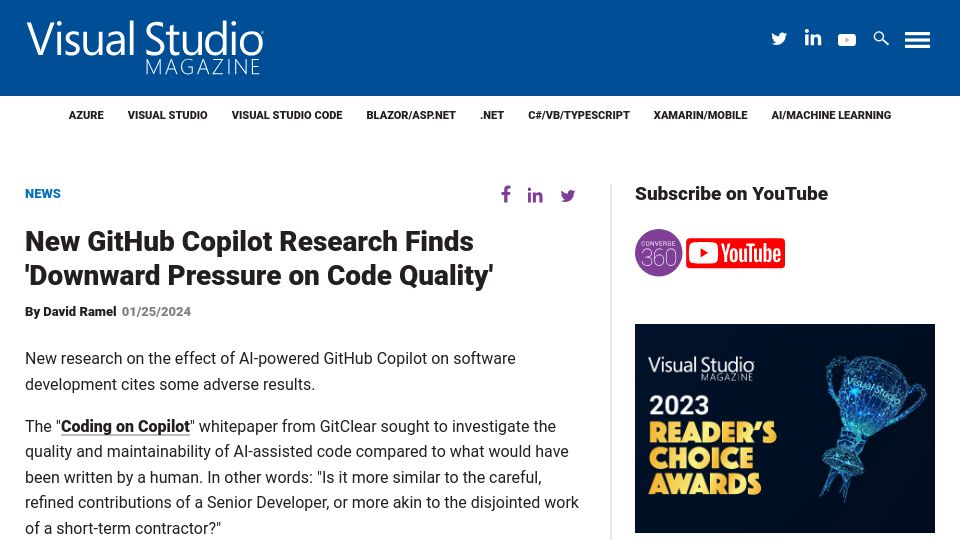Screenshot of visualstudiomagazine.com: New GitHub Copilot research finds 'downward pressure on code quality'