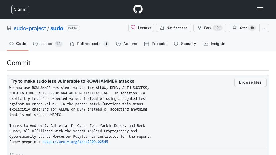 Screenshot of github.com: Try to make sudo less vulnerable to Rowhammer attacks